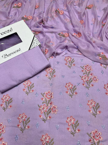 Bareeze- Karandi 3 Pcs All Over Embroidered Unstitched Suit With Chiffon Dupatta