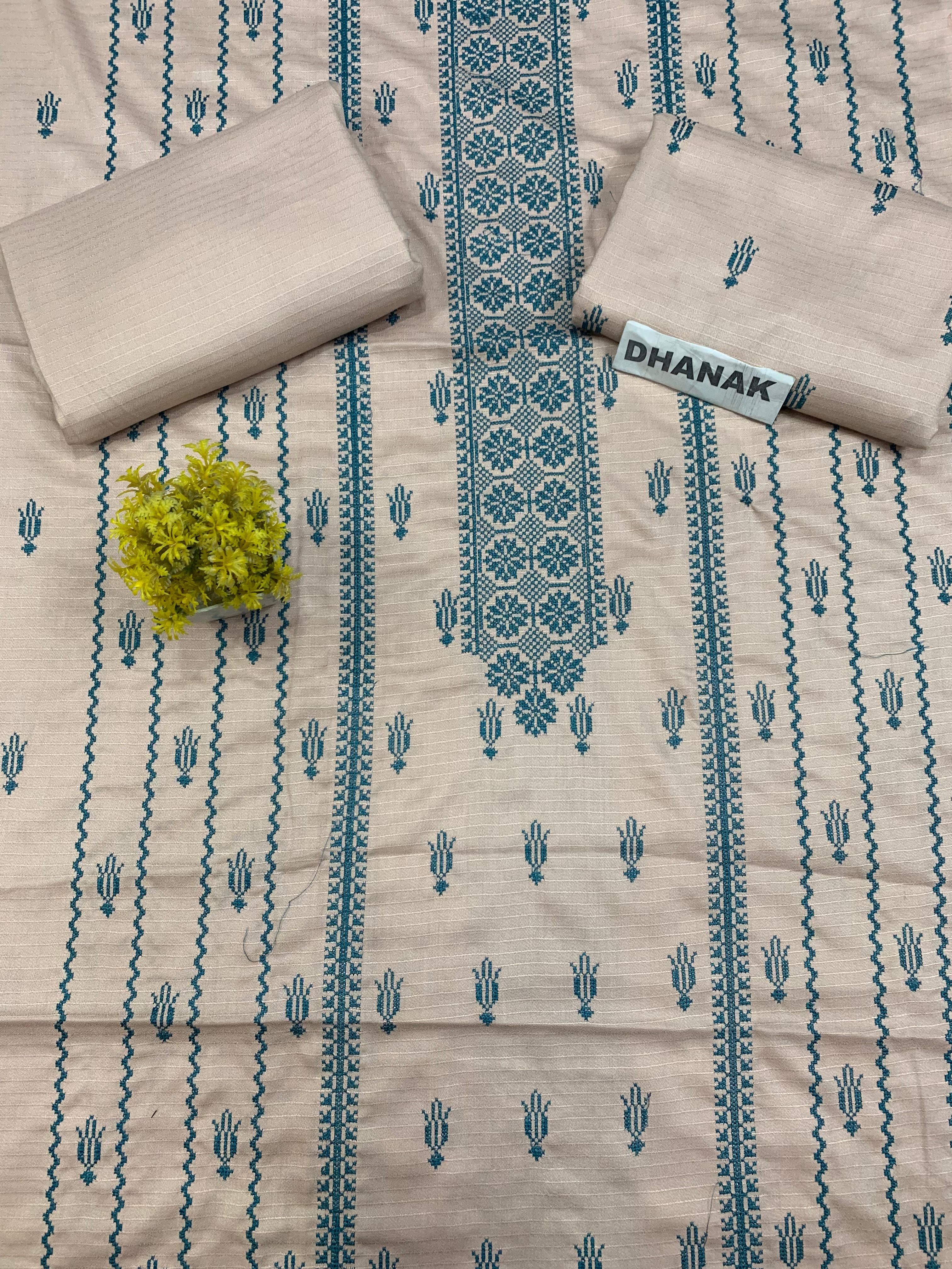 Doria Dhanak - 2Pcs Embroidered Shirt with Plain Trouser