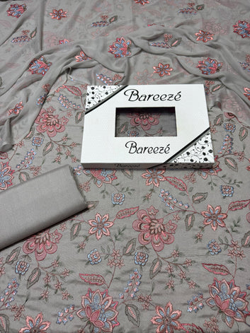 Bareeze- Karandi 3 Pcs All Over Embroidered Unstitched Suit With Chiffon Dupatta (Silver Grey)