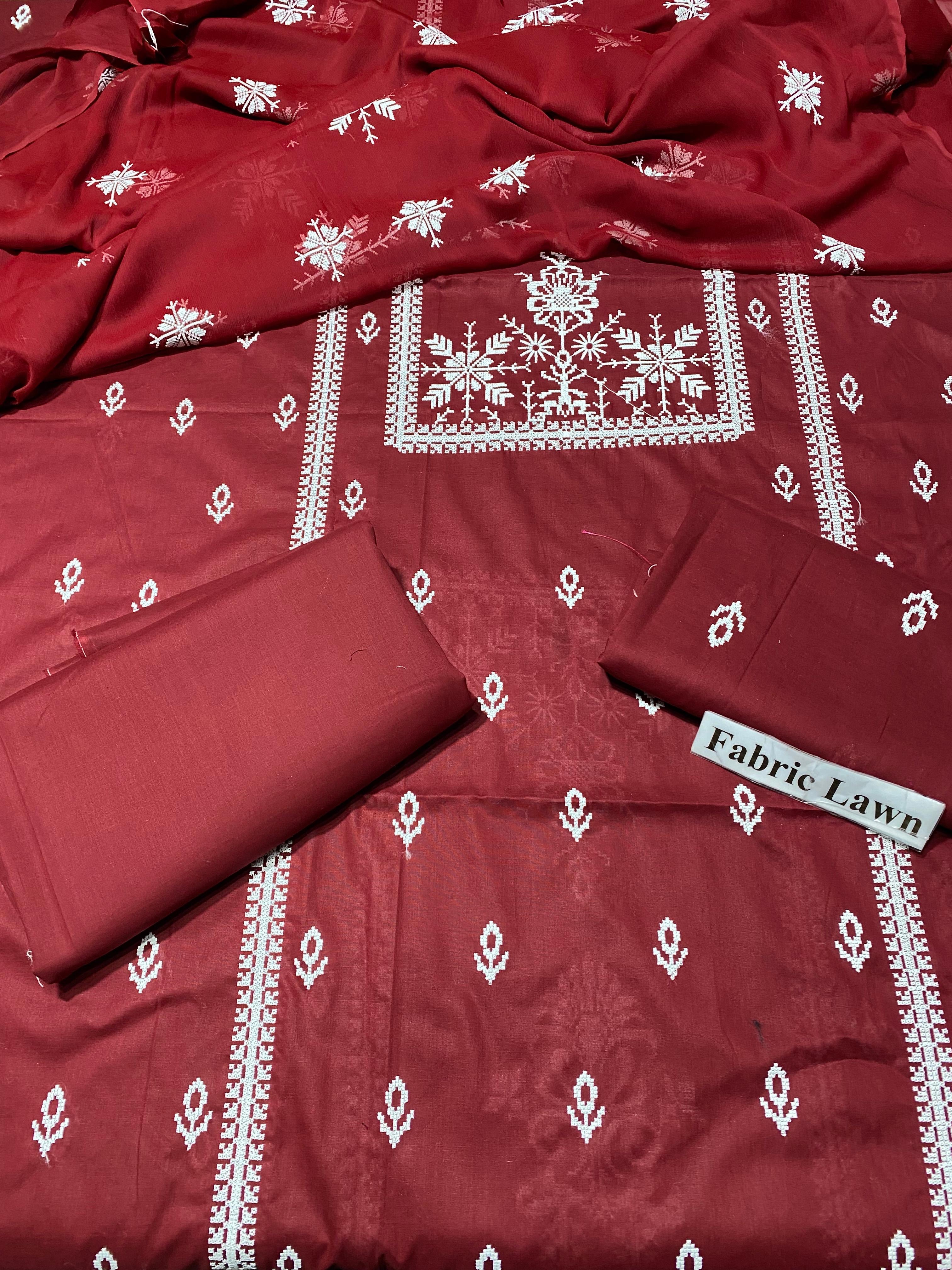 Pure Lawn 3 Pcs Embroidered unstitched Dress with Chiffon Dupatta.