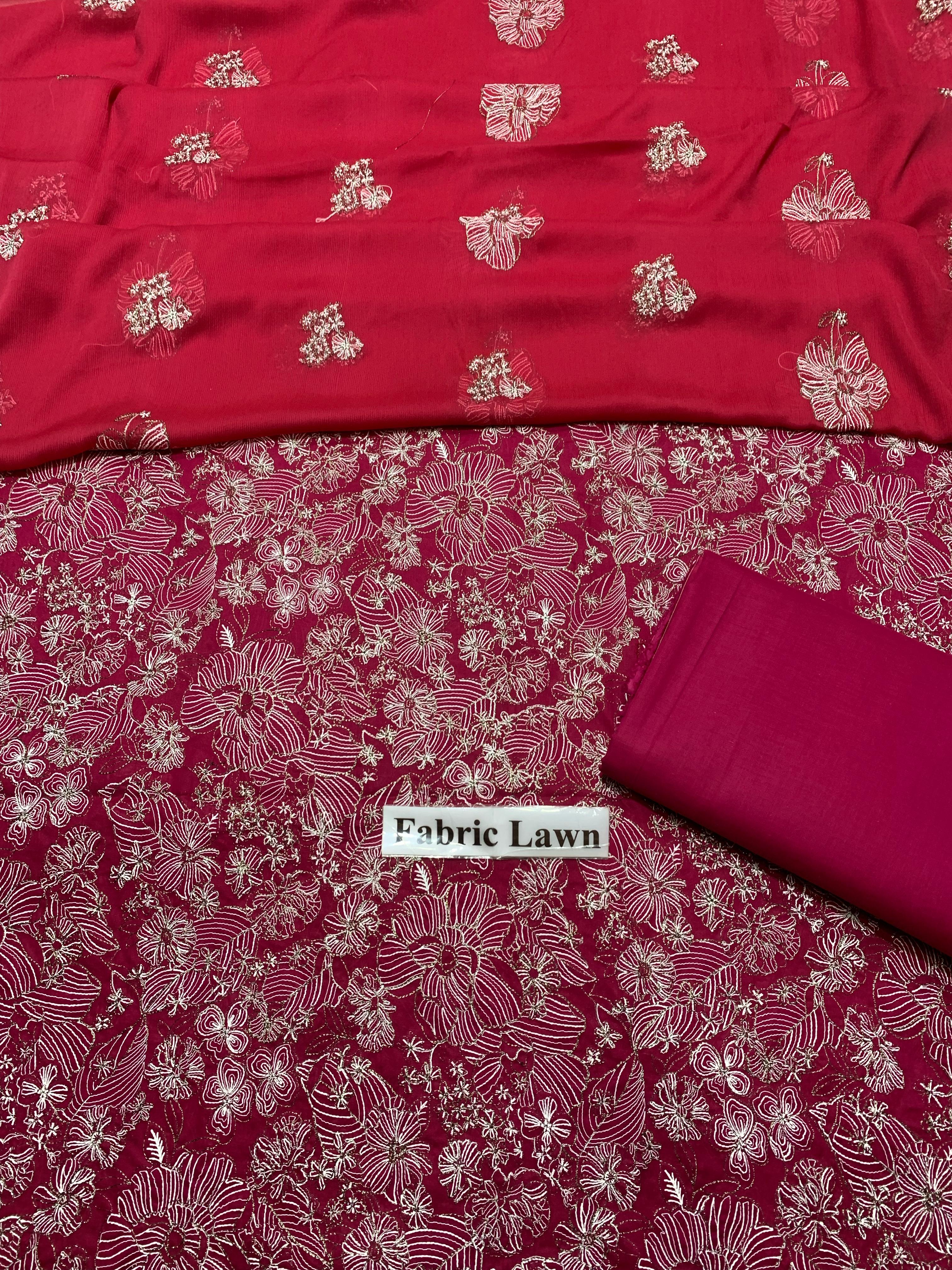 Lawn - 3Pcs All Over Embroidered Unstitched Suit with Chiffon Dupatta