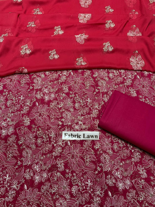 Lawn - 3Pcs All Over Embroidered Unstitched Suit with Chiffon Dupatta