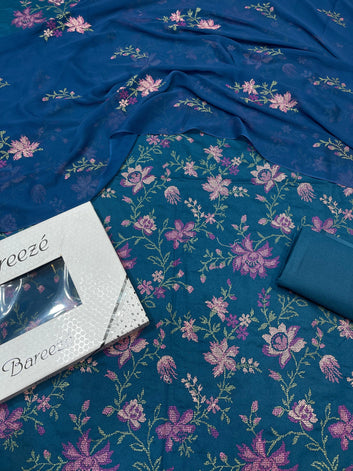 Bareeze- Karandi 3 Pcs All Over Embroidered Unstitched Suit With Chiffon Dupatta