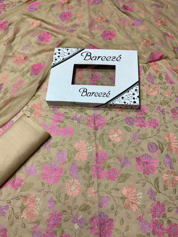Bareeze- Karandi 3 Pcs All Over Embroidered Unstitched Suit With Chiffon Dupatta