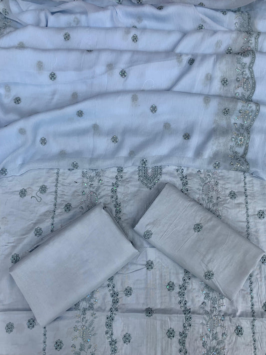 Pure Lawn 3 Pcs Embroidered unstitched Dress with Chiffon Dupatta.