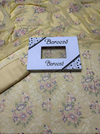 Bareeze- Karandi Chikan Kari 3 Pcs All Over Embroidered Unstitched Suit With Chiffon Dupatta