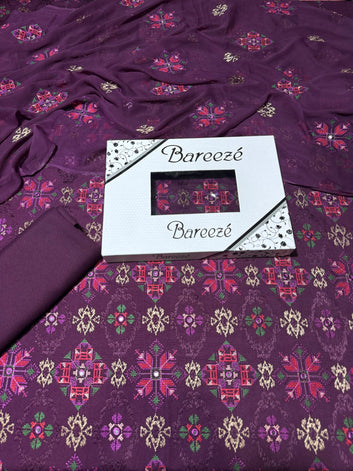 Bareeze- 9MM Karandi 3 Pcs All Over Embroidered Unstitched Suit With Chiffon Dupatta