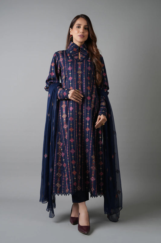 Bareeze- Karandi 3 Pcs All Over Embroidered Unstitched Suit With Chiffon Dupatta