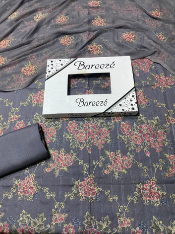Bareeze- Karandi Chikan Kari 3 Pcs All Over Embroidered Unstitched Suit With Chiffon Dupatta