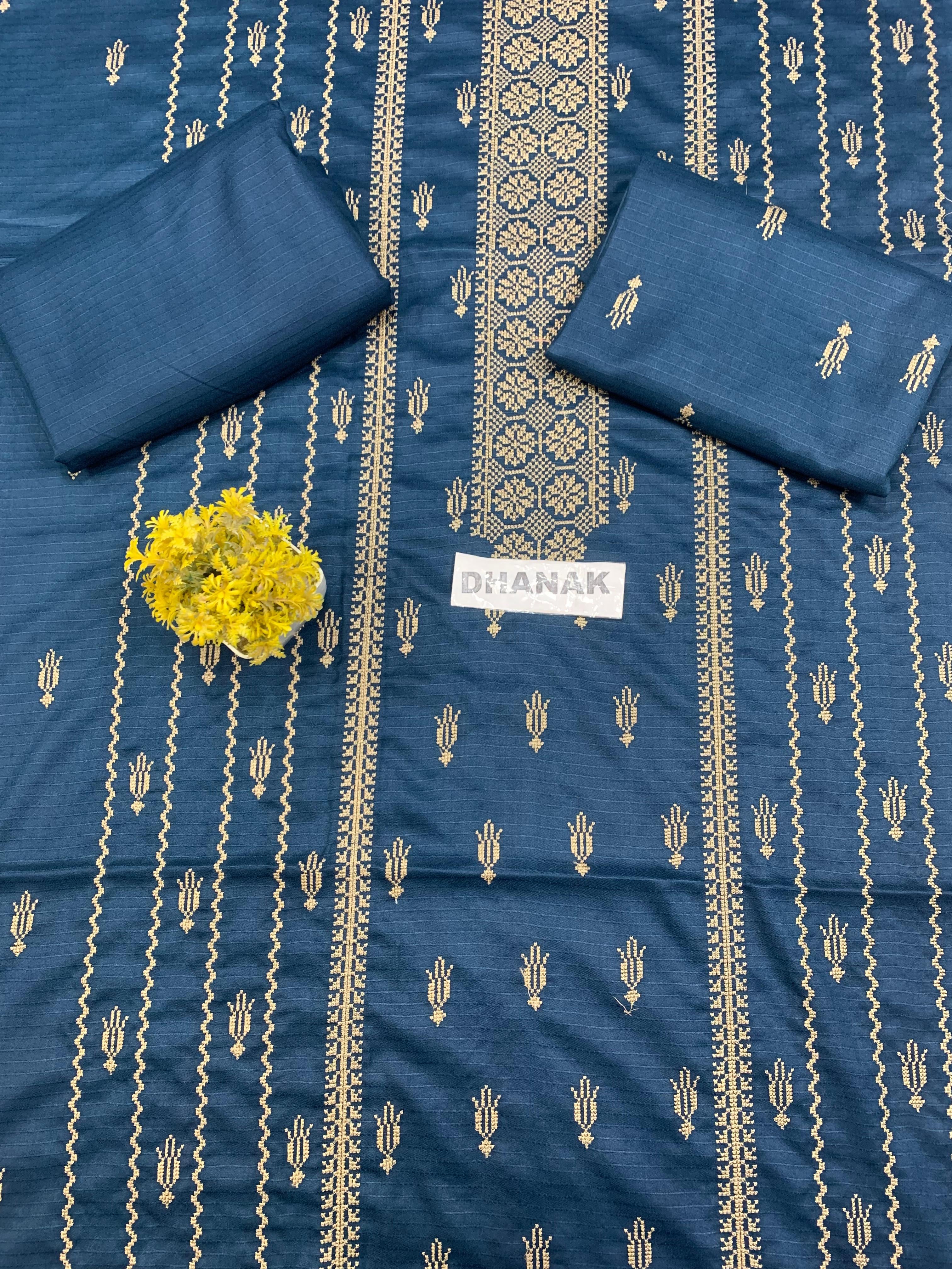 Doria Dhanak - 2Pcs Embroidered Shirt with Plain Trouser