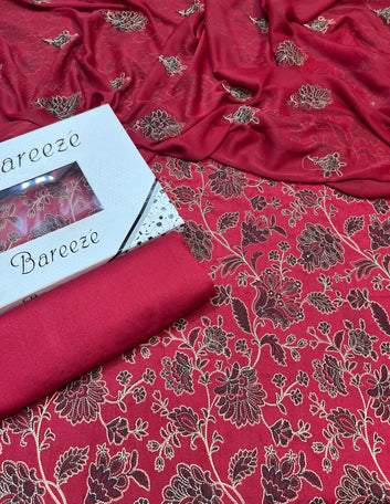 Bareeze- Karandi 3 Pcs All Over Embroidered Unstitched Suit With Chiffon Dupatta