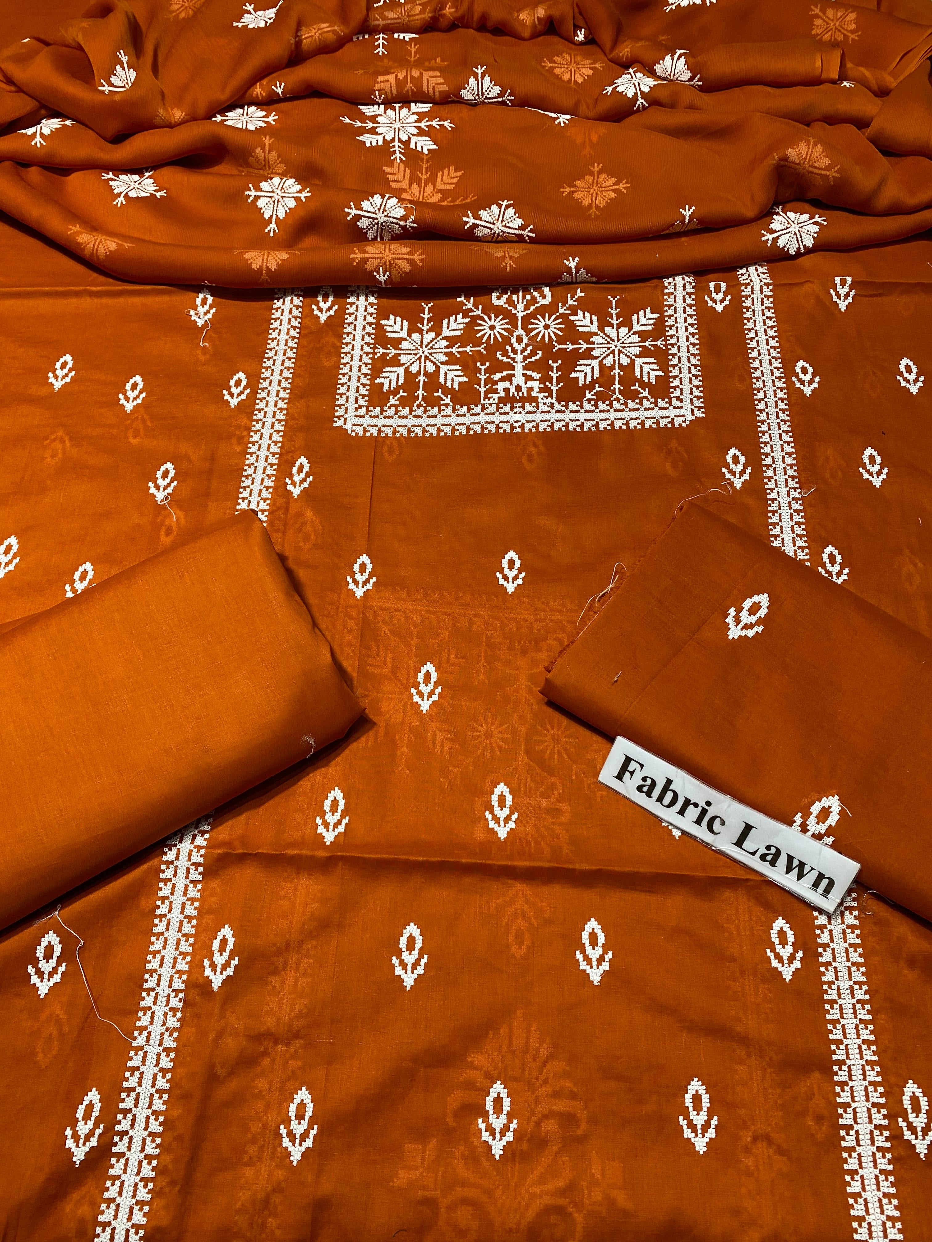 Pure Lawn 3 Pcs Embroidered unstitched Dress with Chiffon Dupatta.