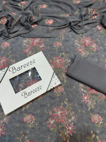 Bareeze- Karandi 3 Pcs All Over Embroidered Unstitched Suit With Chiffon Dupatta