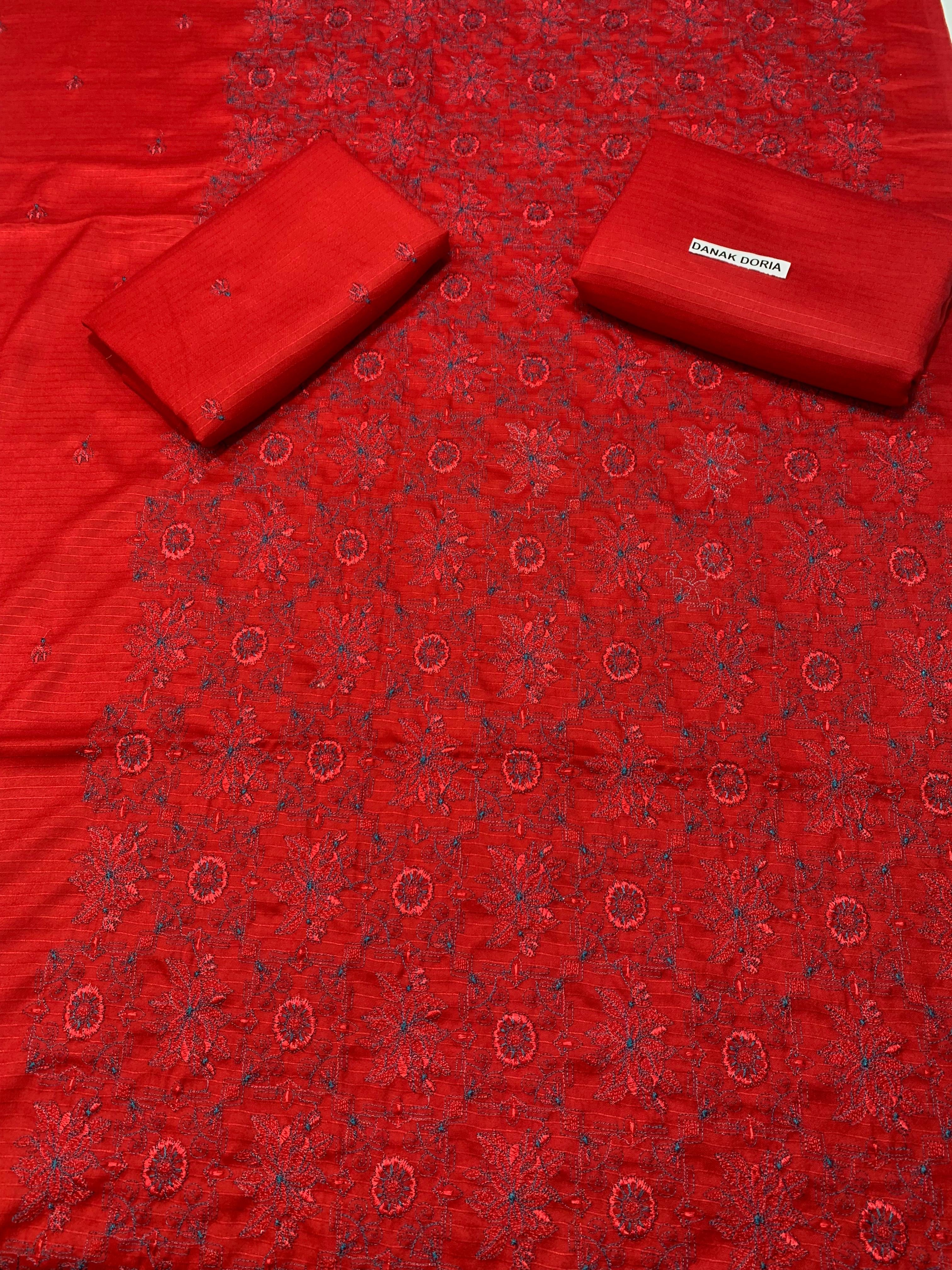 Doria Dhanak - 2Pcs Embroidered Shirt with Plain Trouser