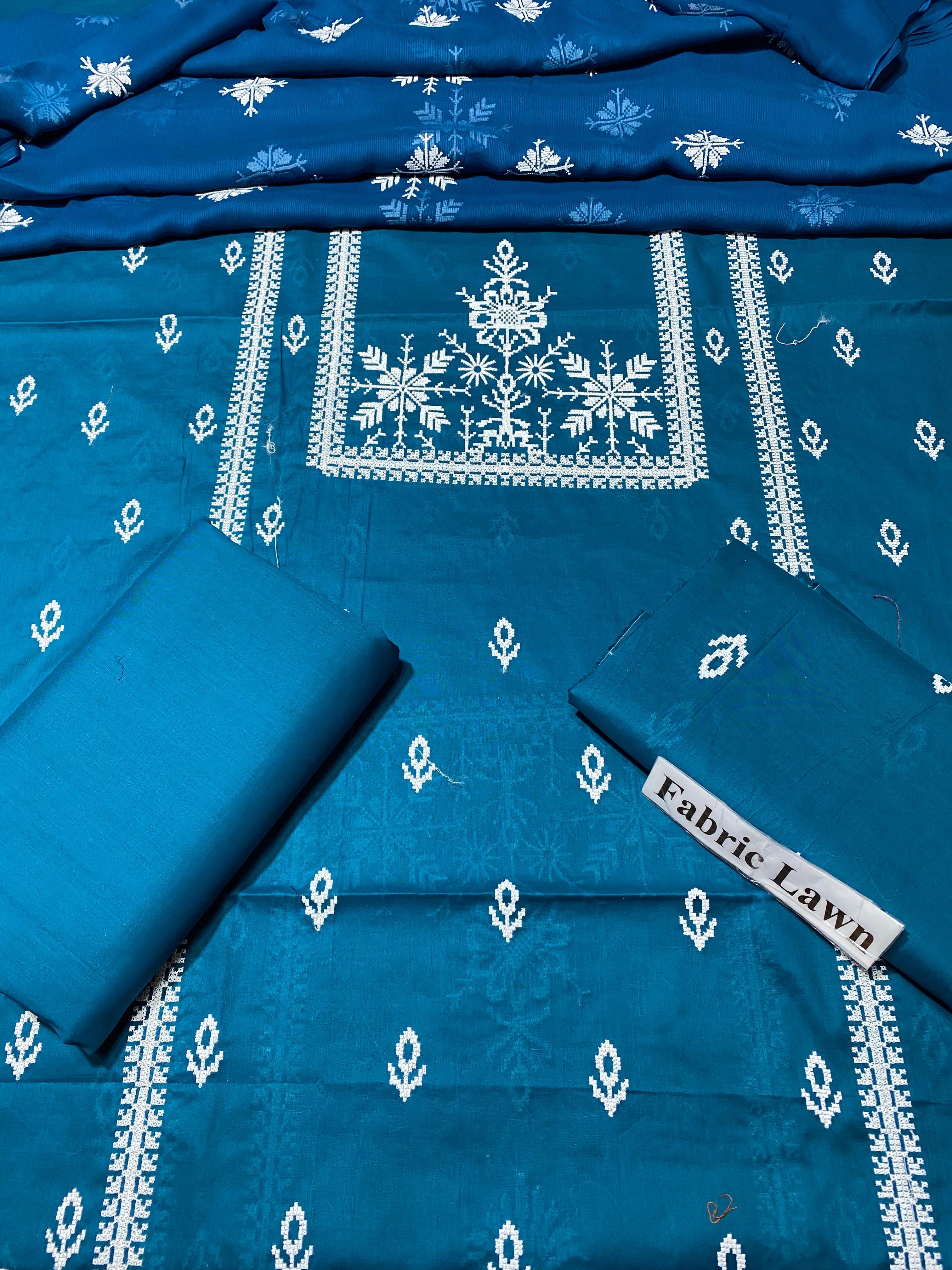 Pure Lawn 3 Pcs Embroidered unstitched Dress with Chiffon Dupatta.