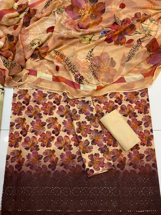 Printed Chikan Kari Lawn 3Pcs With Bemberg Printed Chiffon Dupatta Premium Unstitched Dress.