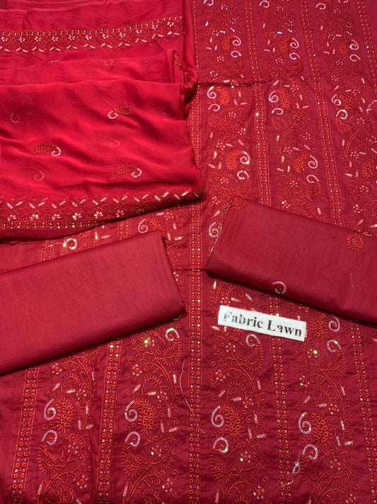 Pure Lawn 3 Pcs Embroidered unstitched Dress with Chiffon Dupatta.