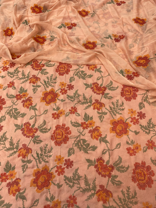 Bareeze- Karandi 3 Pcs All Over Embroidered Unstitched Suit With Chiffon Dupatta