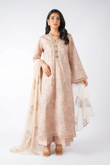 Bareeze- Karandi 3 Pcs All Over Embroidered Unstitched Suit With Chiffon Dupatta