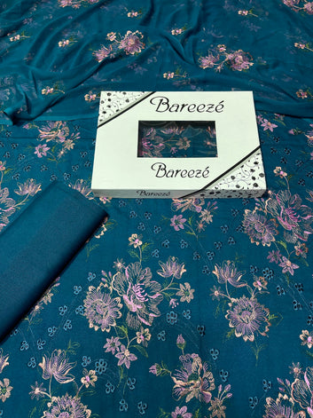 Bareeze- Karandi Chikan Kari 3 Pcs All Over Embroidered Unstitched Suit With Chiffon Dupatta