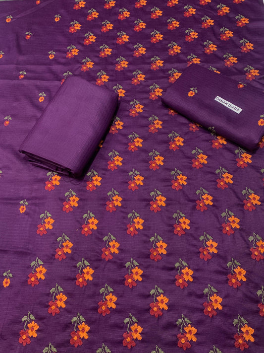 Doria Dhanak - 2Pcs Embroidered Shirt with Plain Trouser.