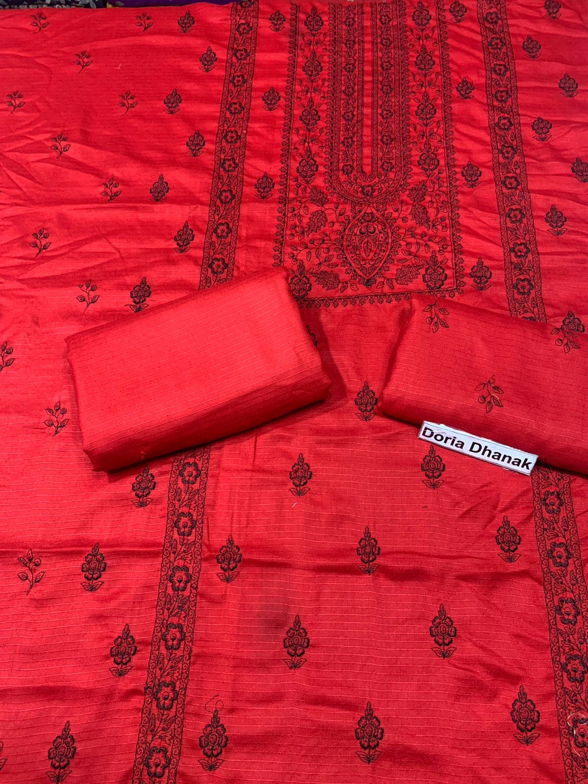 Doria Dhanak - 2Pcs Embroidered Shirt with Plain Trouser.