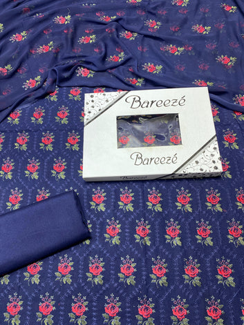 Bareeze- Karandi 3 Pcs All Over Embroidered Unstitched Suit With Chiffon Dupatta