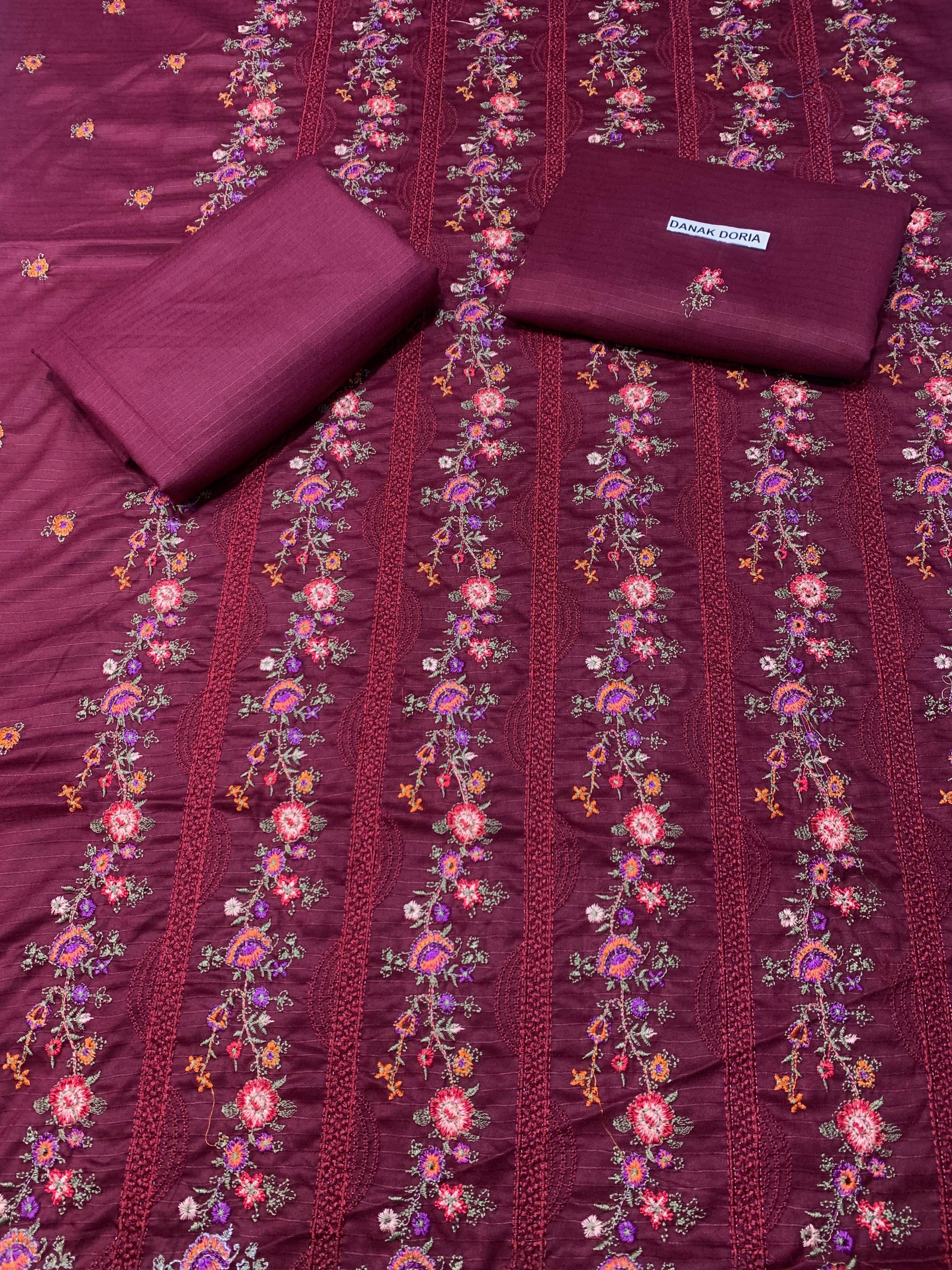 Doria Dhanak - 2Pcs Embroidered Shirt with Plain Trouser.