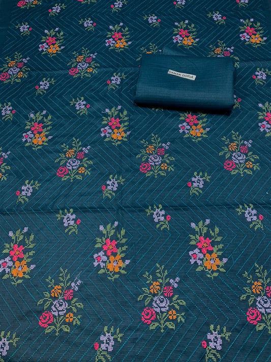 Doria Dhanak - 2Pcs All Over Embroidered Shirt with Plain Trouser