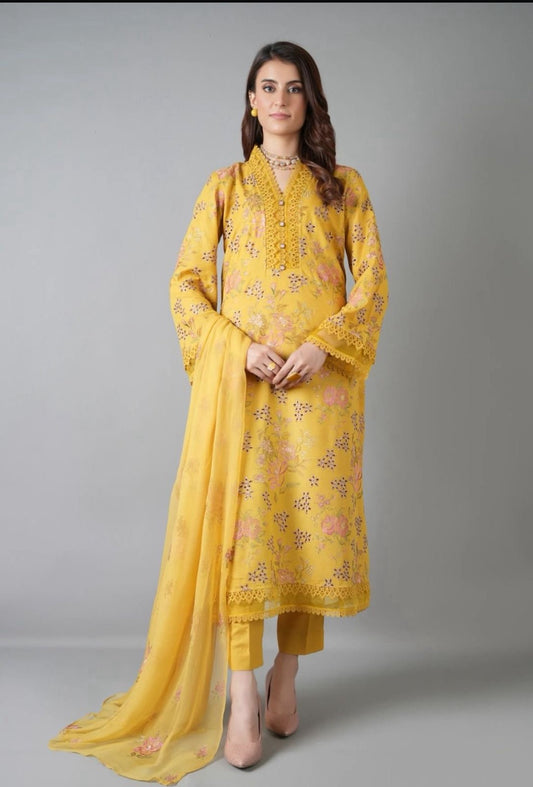 Bareeze- Karandi 3 Pcs All Over Embroidered Unstitched Suit With Chiffon Dupatta