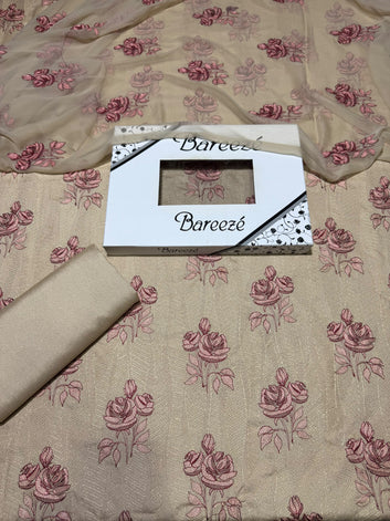 Bareeze- Karandi 3 Pcs All Over Embroidered Unstitched Suit With Chiffon Dupatta