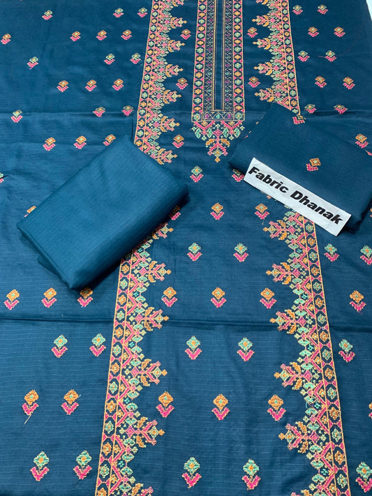 Doria Dhanak - 2Pcs Embroidered Shirt with Plain Trouser