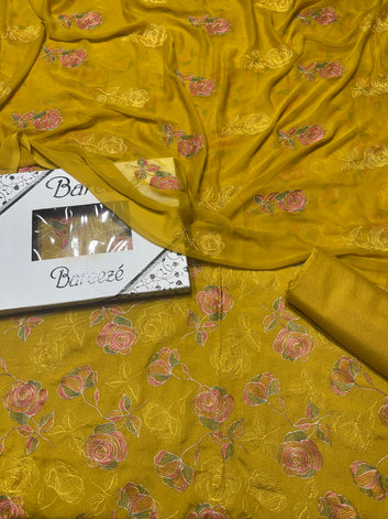 Bareeze- Karandi 3 Pcs All Over Embroidered Unstitched Suit With Chiffon Dupatta
