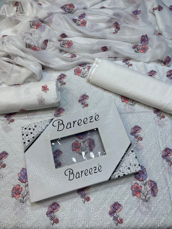 Bareeze Chikan Kari - Lawn 3 Pcs Embroidered unstitched Dress with Chiffon Dupatta.