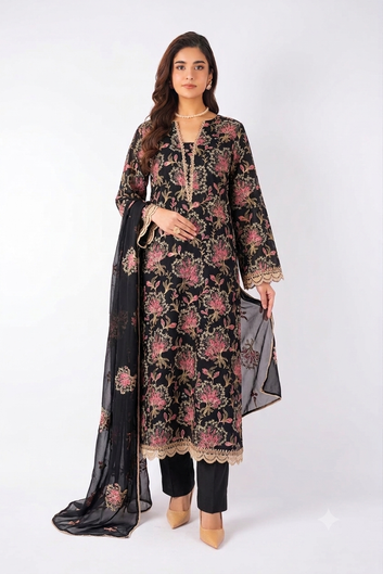 Bareeze- Karandi 3 Pcs All Over Embroidered Unstitched Suit With Chiffon Dupatta