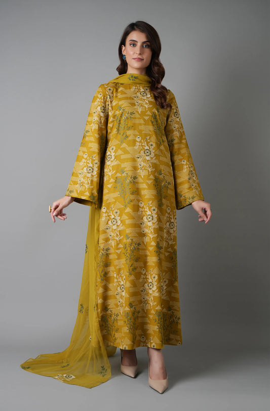 Bareeze- Karandi 3 Pcs All Over Embroidered Unstitched Suit With Chiffon Dupatta