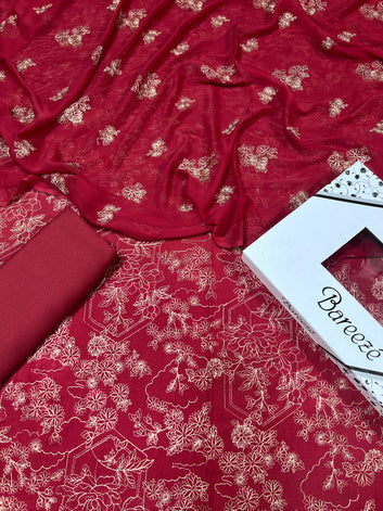 Bareeze- Karandi 3 Pcs All Over Embroidered Unstitched Suit With Chiffon Dupatta