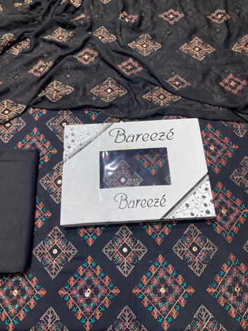 Bareeze- 9MM Karandi 3 Pcs All Over Embroidered Unstitched Suit With Chiffon Dupatta