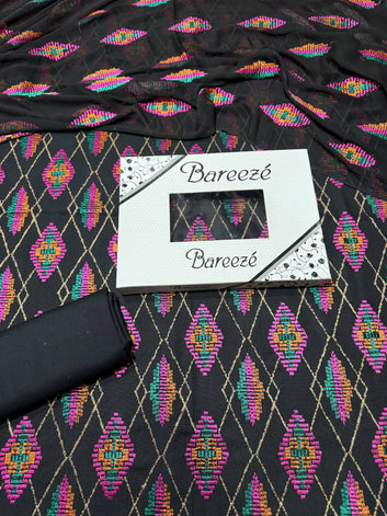 Bareeze- Karandi 3 Pcs All Over Embroidered Unstitched Suit With Chiffon Dupatta