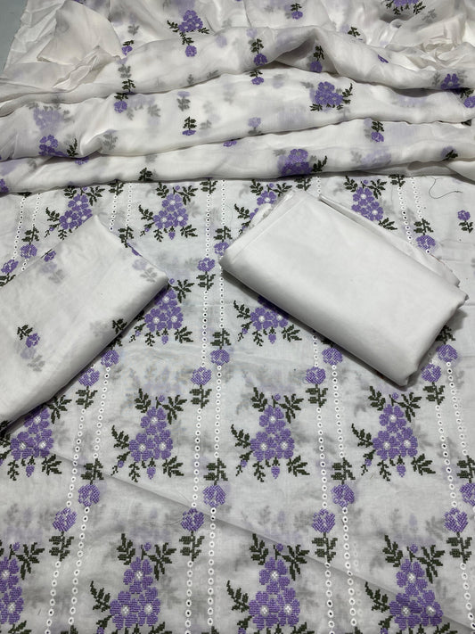 Chikan Kari - Lawn 3 Pcs Embroidered unstitched Dress with Chiffon Dupatta.