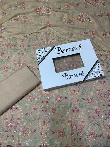 Bareeze- Karandi 3 Pcs All Over Embroidered Unstitched Suit With Chiffon Dupatta