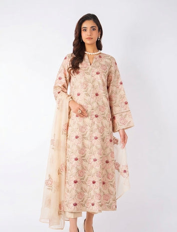 Bareeze- Karandi 3 Pcs All Over Embroidered Unstitched Suit With Chiffon Dupatta