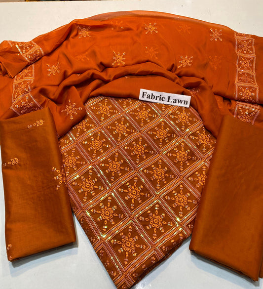 Chikan Kari - Lawn 3 Pcs Embroidered unstitched Dress with Chiffon Dupatta.