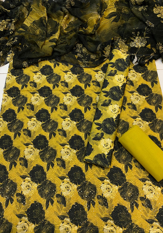 Printed Chikan Kari Lawn 3Pcs With Bemberg Printed Chiffon Dupatta Premium Unstitched Dress.