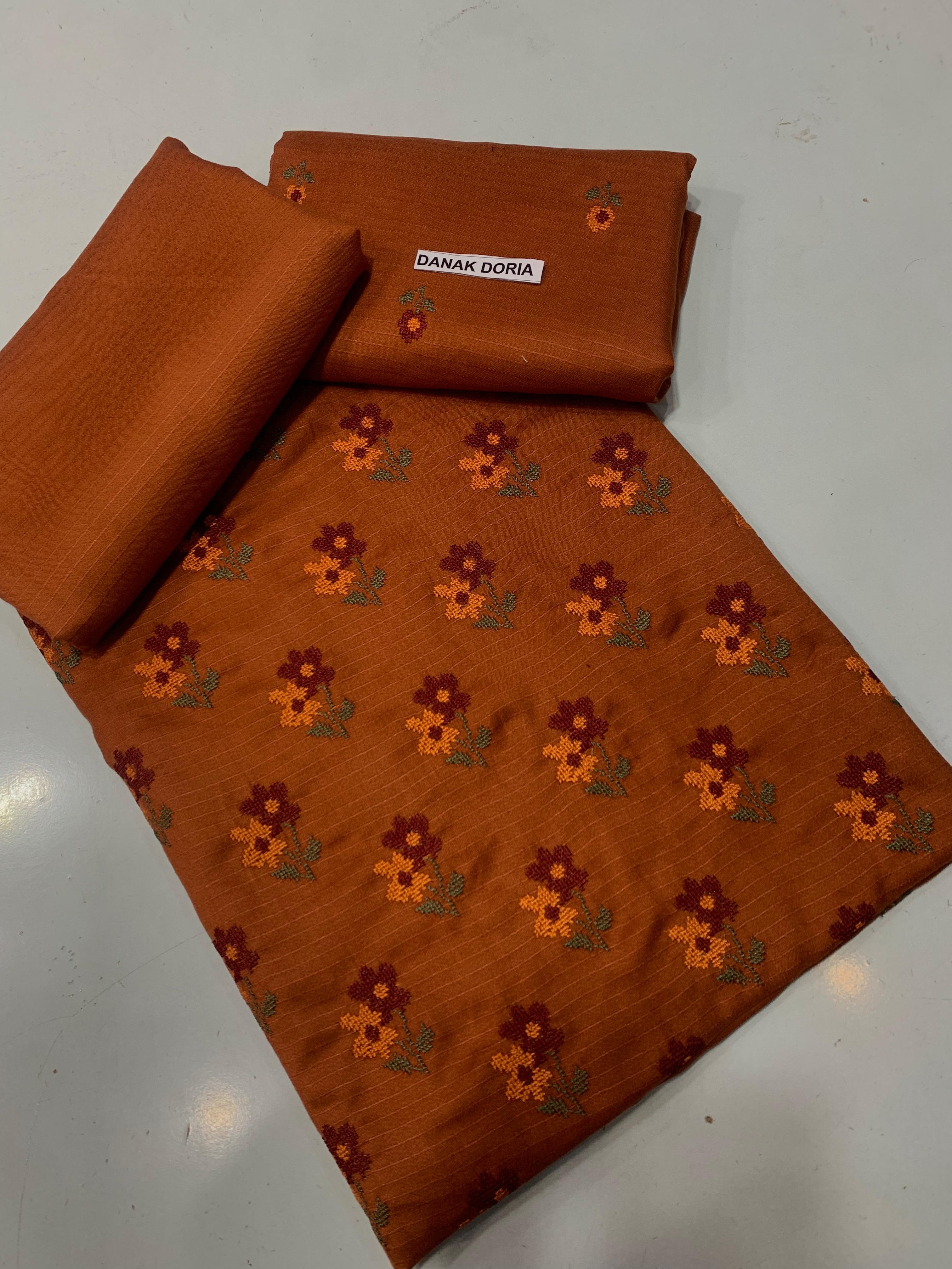 Doria Dhanak - 2Pcs Embroidered Shirt with Plain Trouser.