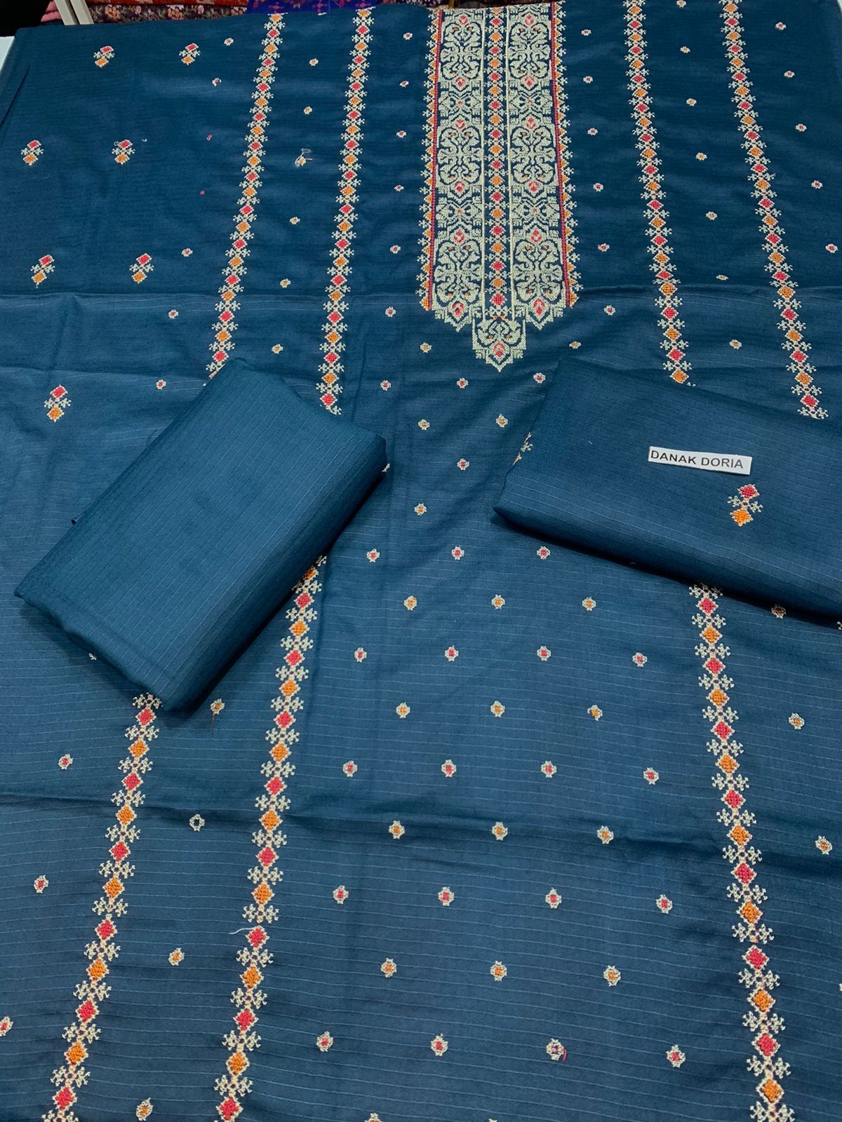 Doria Dhanak - 2Pcs Embroidered Shirt with Plain Trouser