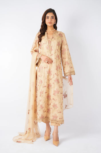 Bareeze- Karandi 3 Pcs All Over Embroidered Unstitched Suit With Chiffon Dupatta