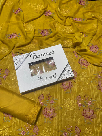 Bareeze- Karandi 3 Pcs All Over Embroidered Unstitched Suit With Chiffon Dupatta