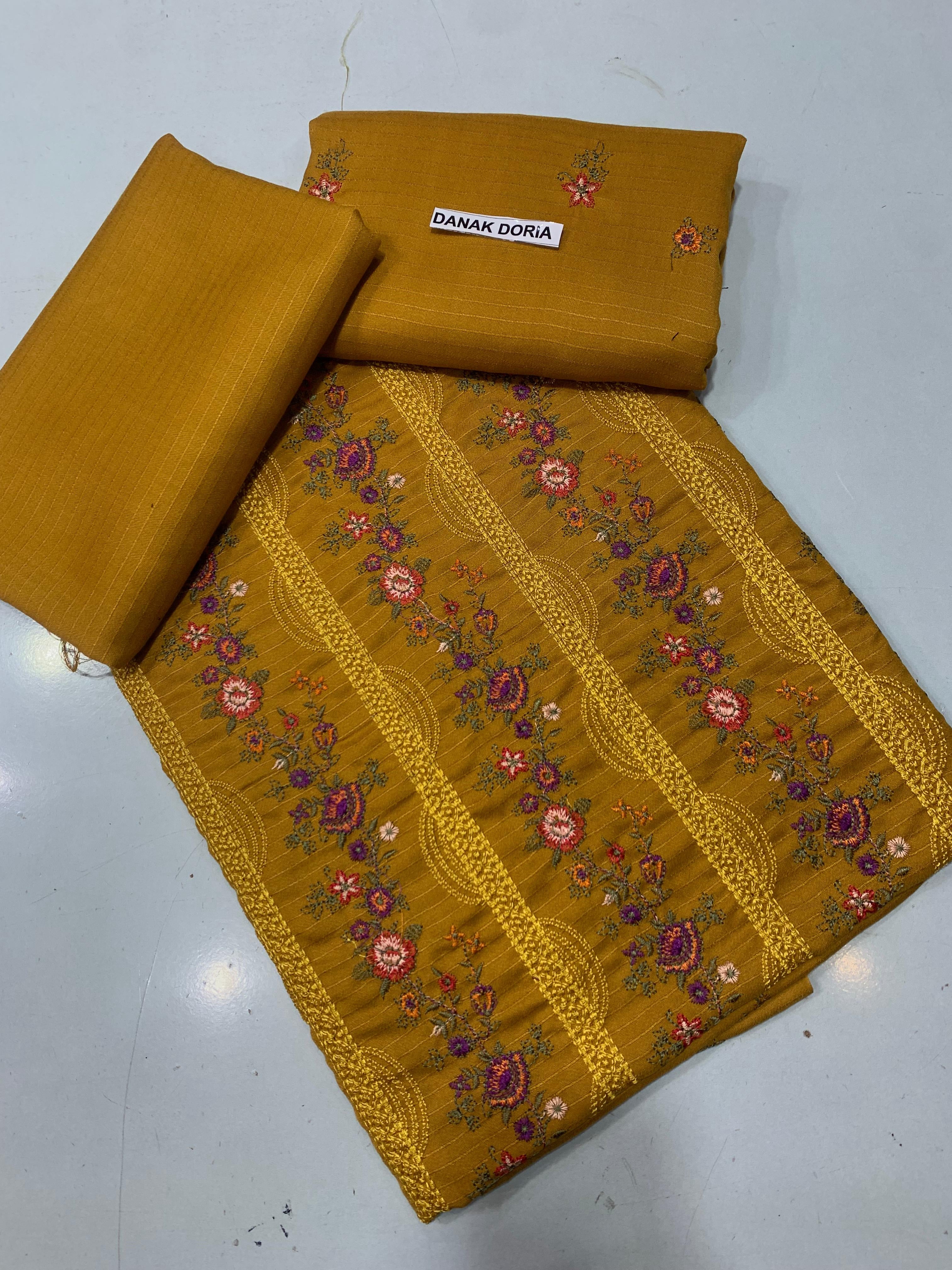 Doria Dhanak - 2Pcs Embroidered Shirt with Plain Trouser.