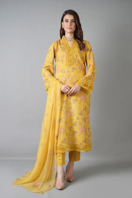 Bareeze- Karandi 3 Pcs All Over Embroidered Unstitched Suit With Chiffon Dupatta